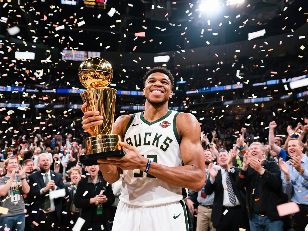 字母哥捧起NBA杯奖杯,球迷热情欢呼